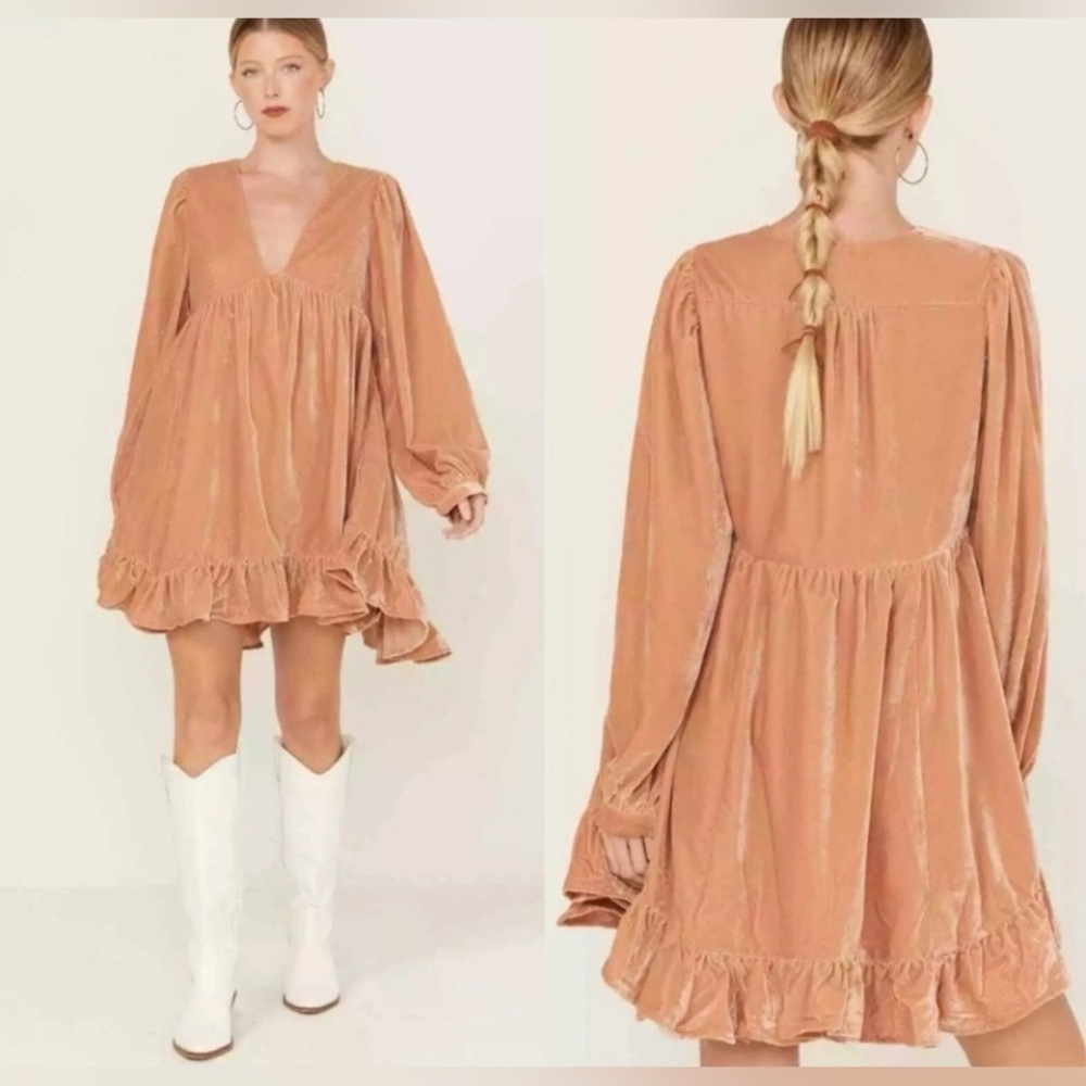 Free People Estella‎ Velvet Babydoll Mini Dress Boho Ruffled Western Dusty Rose